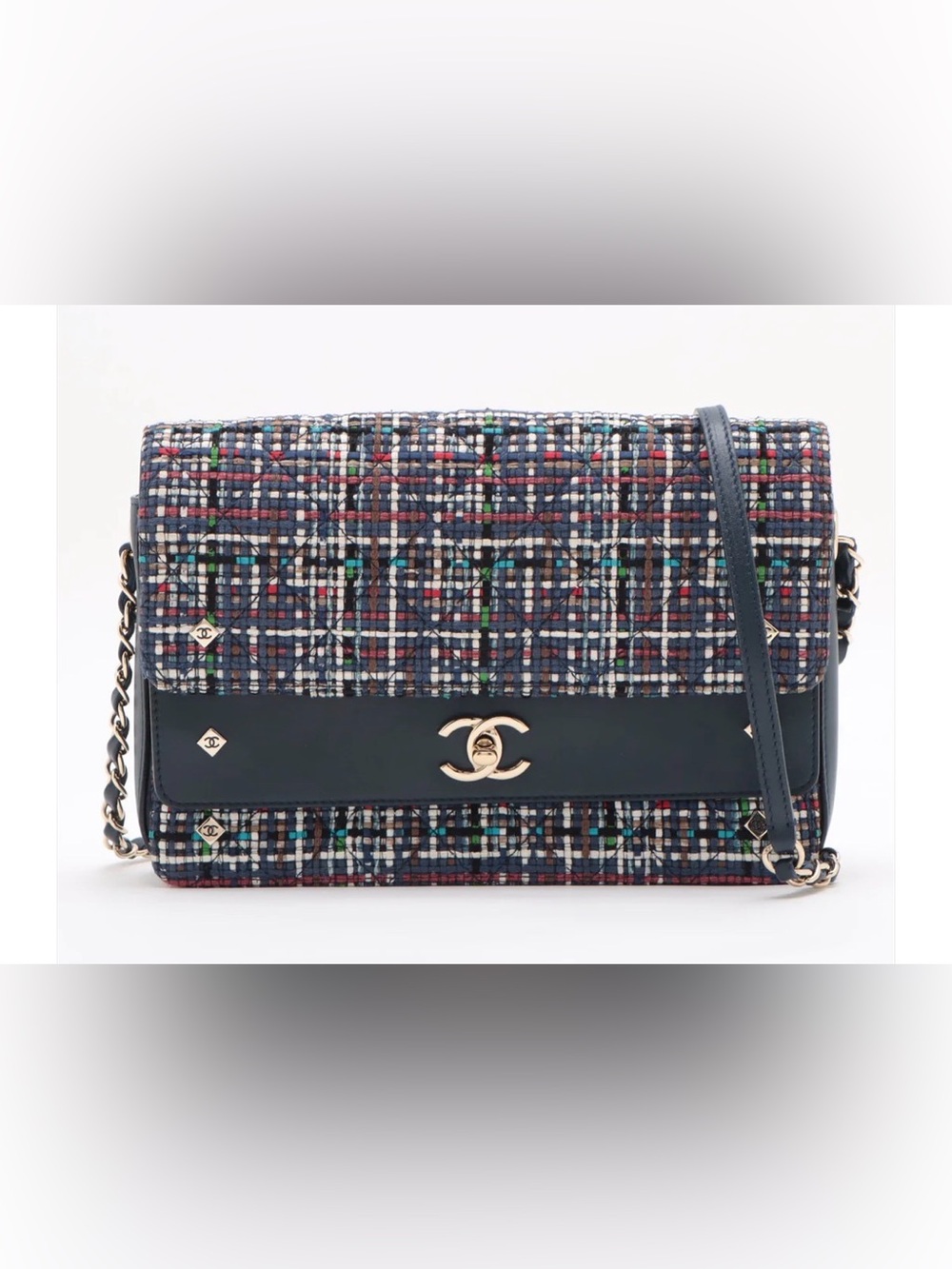 CHANEL Multicolor Tweed Crossbody with Navy Leather and Gold CC, 2021